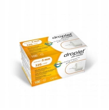 Igły insulinowe DROPLET 32G 0,23 × 5 mm do penów, 100 sztuk