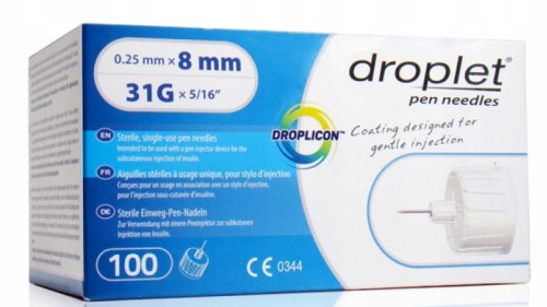 Igły do penów DROPLET 31G 0,25 × 8 mm, opakowanie 100 sztuk